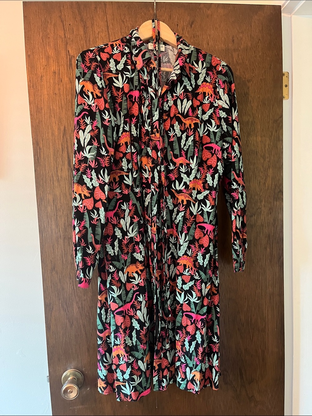 Black Long Sleeve Dress with Colorful Dinosaur Print